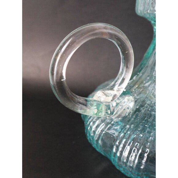 MCM Mid Century Scandinavian Art Glass Carafe Pitcher Aqua Blue Applied Handle - Picture 5 of 6